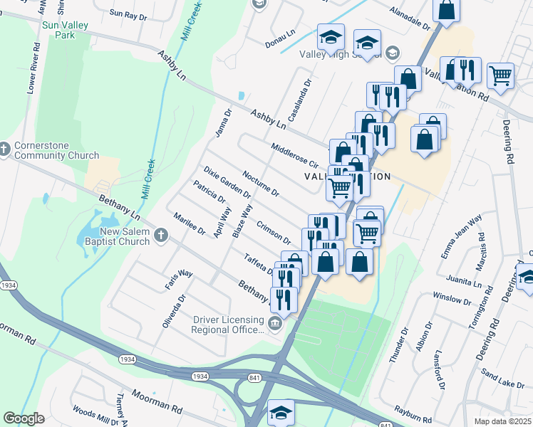 map of restaurants, bars, coffee shops, grocery stores, and more near 1920 Dixie Garden Drive in Louisville