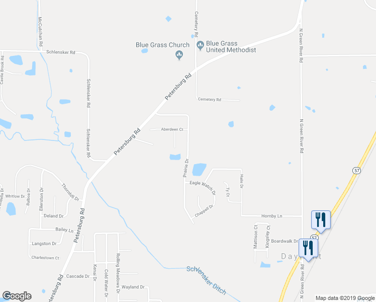 map of restaurants, bars, coffee shops, grocery stores, and more near 13524 Prairie Drive in Evansville