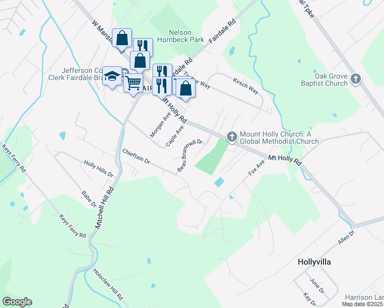 map of restaurants, bars, coffee shops, grocery stores, and more near 10201 Beau Brummell Drive in Louisville