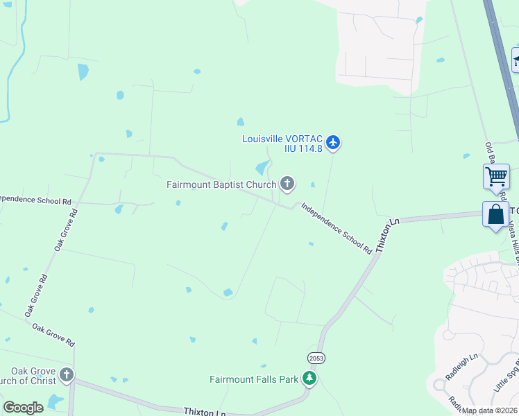 map of restaurants, bars, coffee shops, grocery stores, and more near 9801 Independence School Road in Louisville