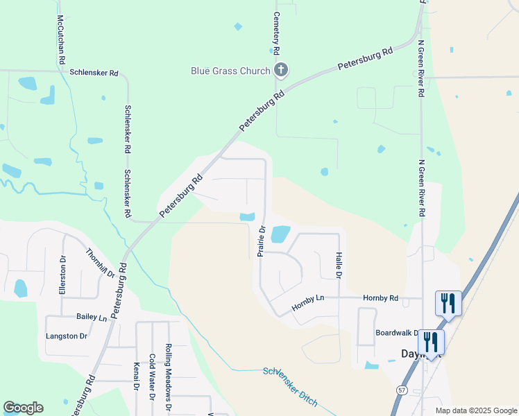 map of restaurants, bars, coffee shops, grocery stores, and more near 13629 Double Tree Court in Evansville