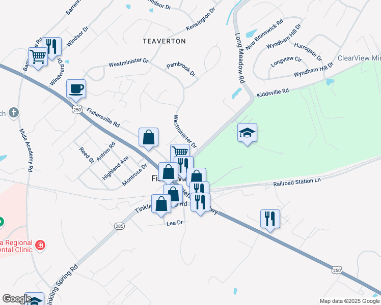 map of restaurants, bars, coffee shops, grocery stores, and more near 9 Eaton Place in Fishersville