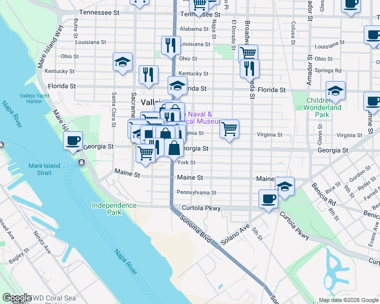 map of restaurants, bars, coffee shops, grocery stores, and more near 810 Sutter Street in Vallejo