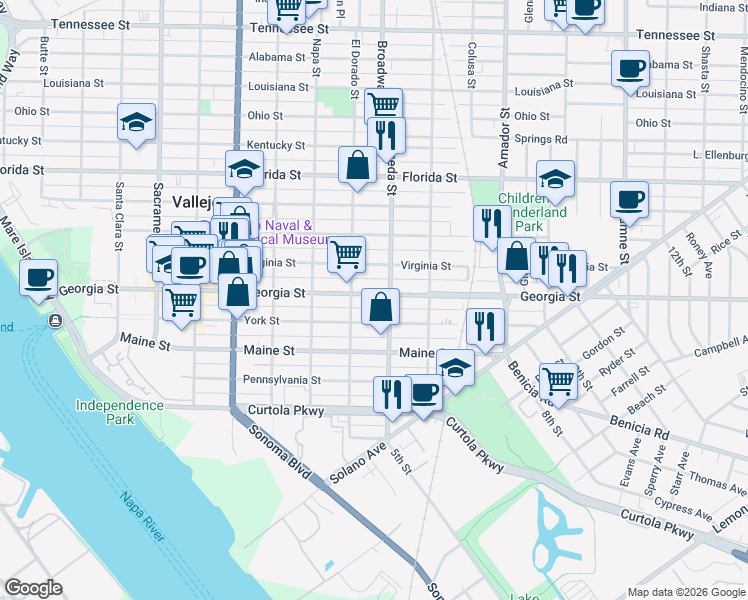 map of restaurants, bars, coffee shops, grocery stores, and more near in Vallejo