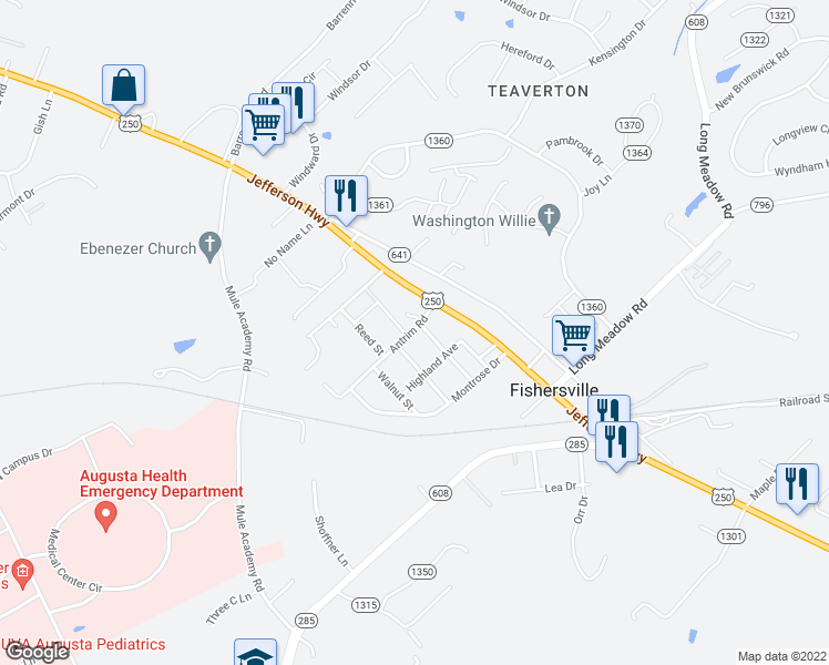 map of restaurants, bars, coffee shops, grocery stores, and more near 25 Antrim Road in Fishersville