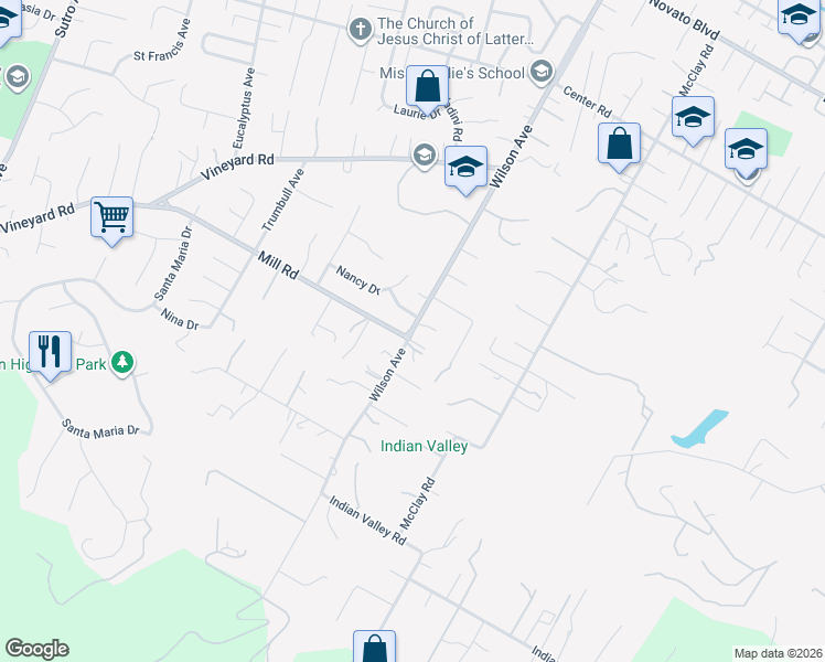 map of restaurants, bars, coffee shops, grocery stores, and more near Wilson Ave & Mill Rd in Novato