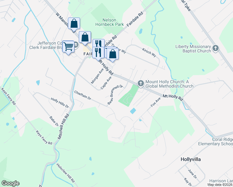 map of restaurants, bars, coffee shops, grocery stores, and more near 10201 Beau Brummell Drive in Louisville
