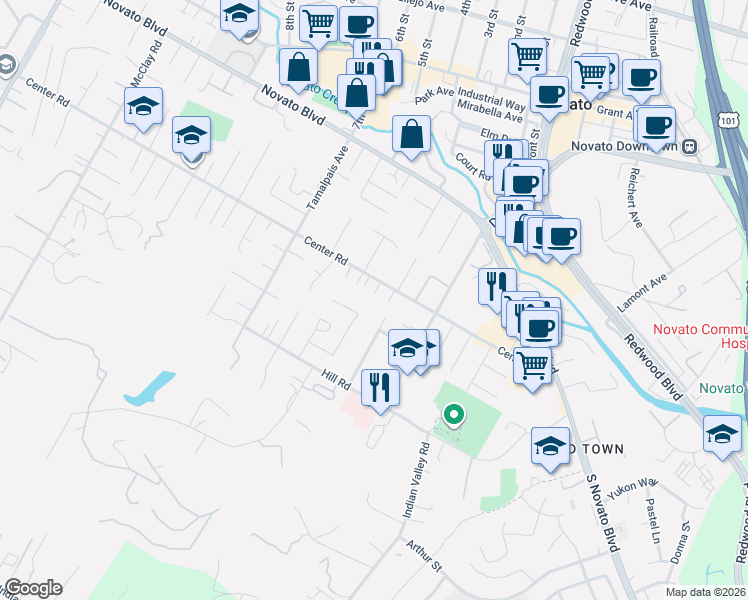 map of restaurants, bars, coffee shops, grocery stores, and more near 2 Borges Court in Novato