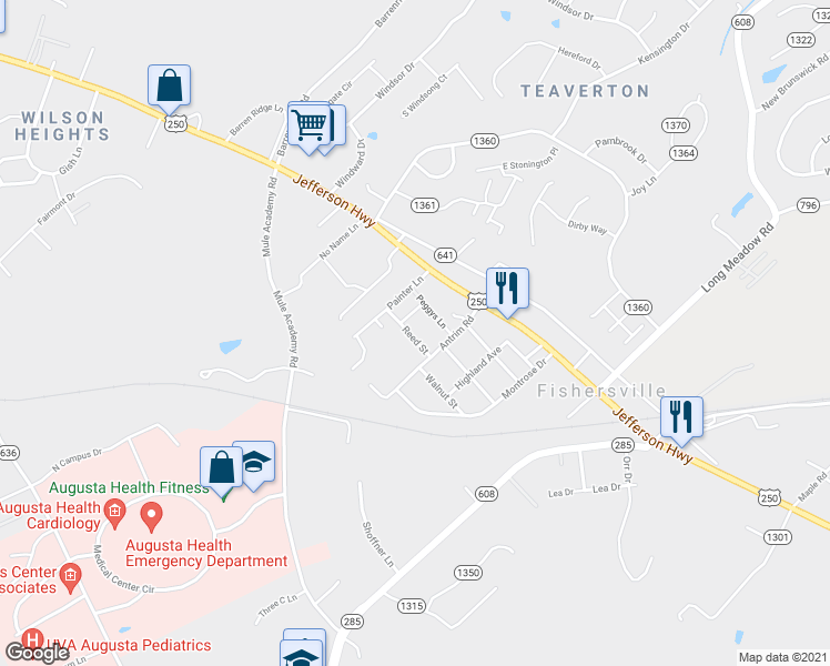 map of restaurants, bars, coffee shops, grocery stores, and more near 36 Reed Street in Fishersville