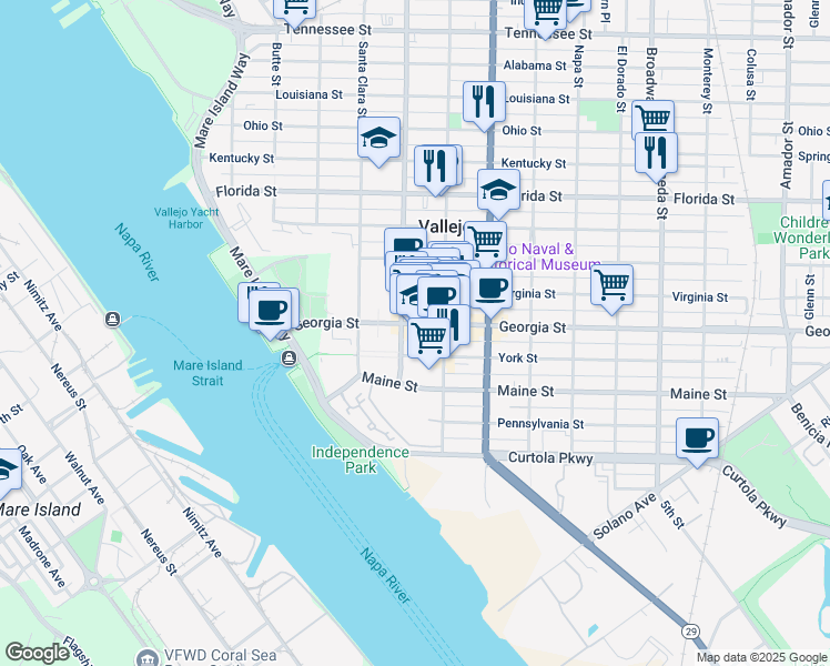 map of restaurants, bars, coffee shops, grocery stores, and more near 324 Georgia Street in Vallejo