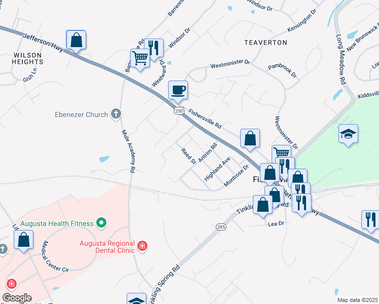 map of restaurants, bars, coffee shops, grocery stores, and more near 32 Reed Street in Fishersville