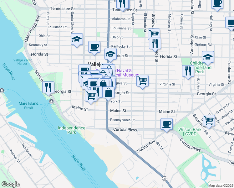 map of restaurants, bars, coffee shops, grocery stores, and more near 810 Sutter Street in Vallejo