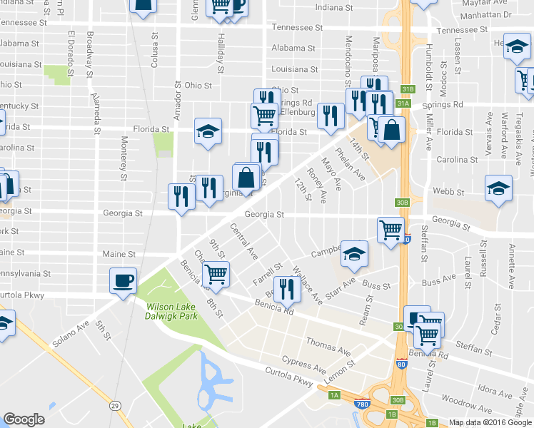 map of restaurants, bars, coffee shops, grocery stores, and more near 142 Tuolumne Street in Vallejo