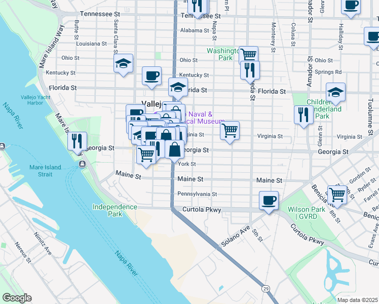 map of restaurants, bars, coffee shops, grocery stores, and more near 810 Sutter Street in Vallejo