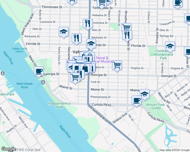 map of restaurants, bars, coffee shops, grocery stores, and more near 510 Georgia Street in Vallejo