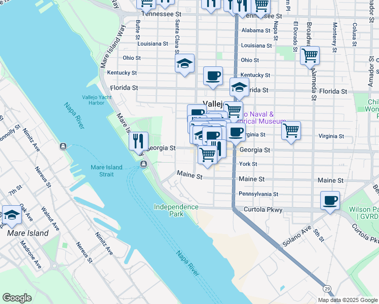 map of restaurants, bars, coffee shops, grocery stores, and more near 236 Georgia Street in Vallejo
