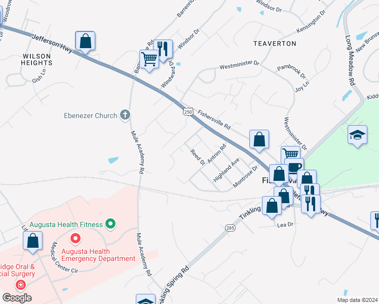 map of restaurants, bars, coffee shops, grocery stores, and more near 21 Reed Street in Fishersville