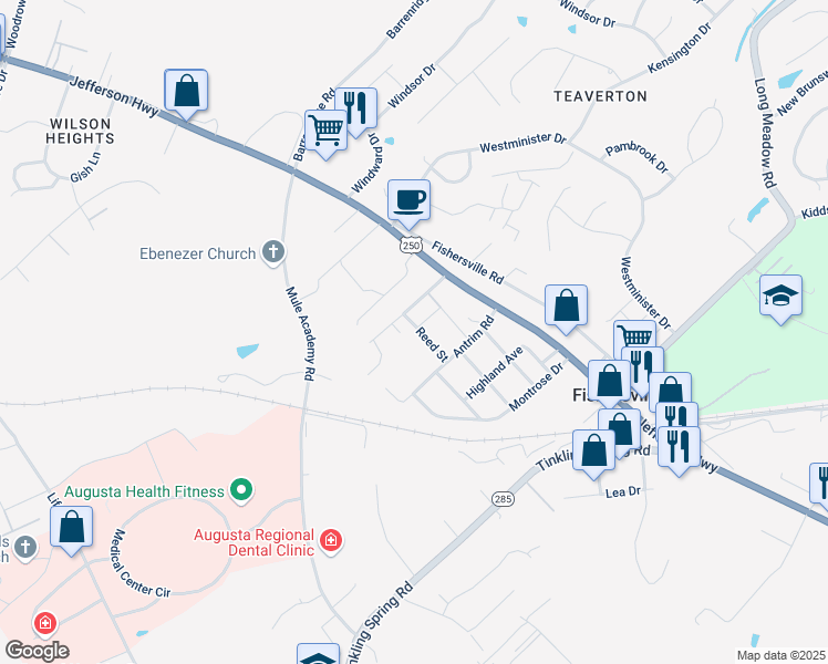 map of restaurants, bars, coffee shops, grocery stores, and more near 21 Reed Street in Fishersville