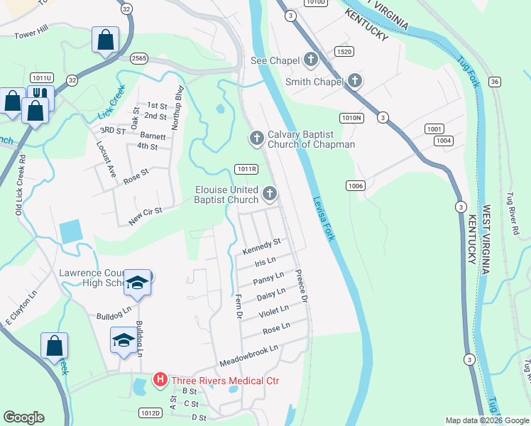map of restaurants, bars, coffee shops, grocery stores, and more near 1031 Lincoln St in Louisa