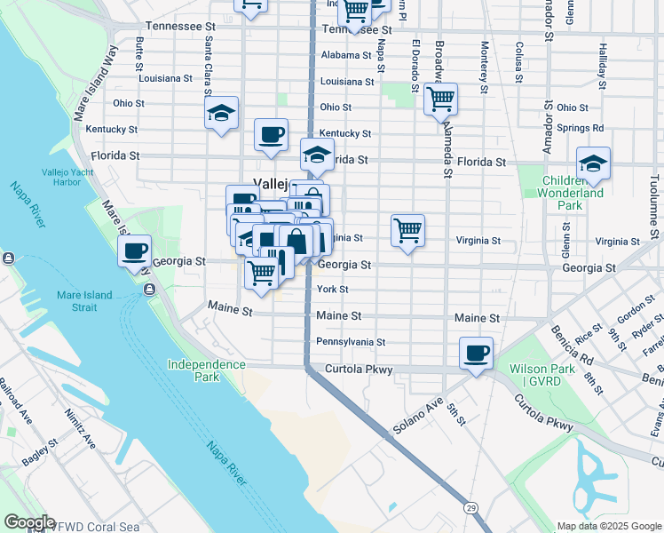 map of restaurants, bars, coffee shops, grocery stores, and more near 510 Georgia Street in Vallejo