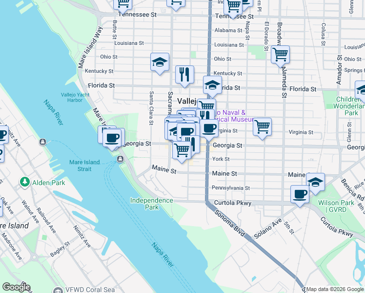 map of restaurants, bars, coffee shops, grocery stores, and more near 324 Georgia Street in Vallejo
