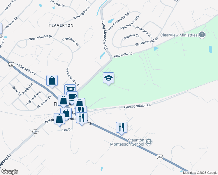 map of restaurants, bars, coffee shops, grocery stores, and more near in Fishersville