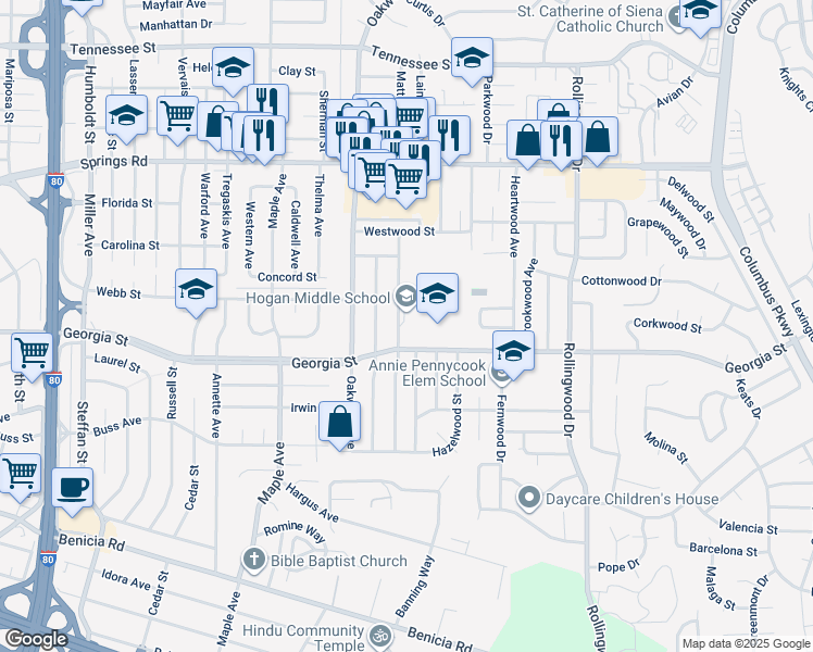 map of restaurants, bars, coffee shops, grocery stores, and more near 850 Rosewood Avenue in Vallejo
