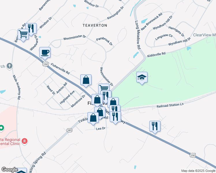 map of restaurants, bars, coffee shops, grocery stores, and more near 8 Eaton Place in Fishersville