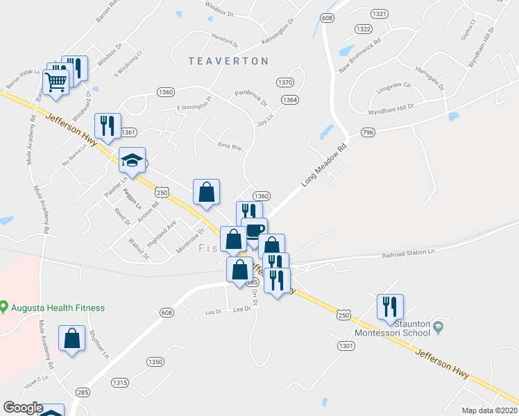 map of restaurants, bars, coffee shops, grocery stores, and more near 8 Eaton Place in Fishersville