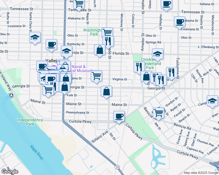 map of restaurants, bars, coffee shops, grocery stores, and more near Georgia St & Alameda St in Vallejo