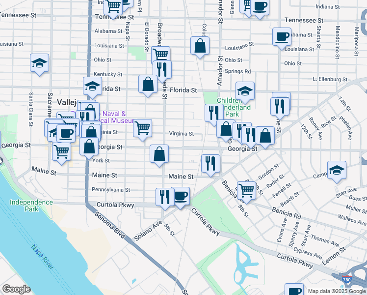 map of restaurants, bars, coffee shops, grocery stores, and more near 427 Monterey Street in Vallejo