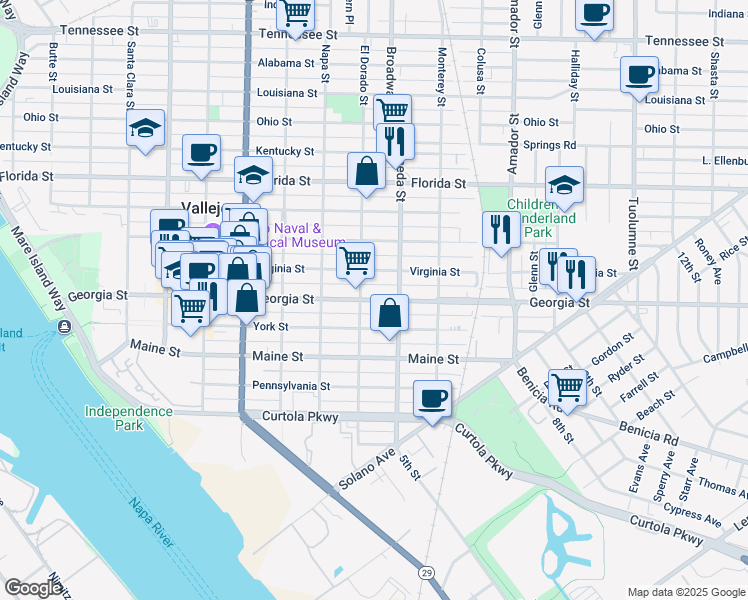 map of restaurants, bars, coffee shops, grocery stores, and more near 620 El Dorado Street in Vallejo