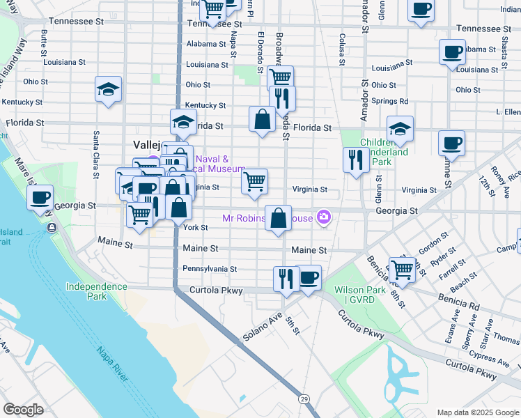 map of restaurants, bars, coffee shops, grocery stores, and more near 620 El Dorado Street in Vallejo