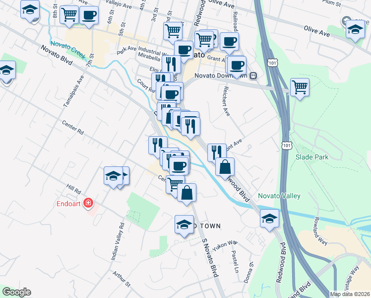 map of restaurants, bars, coffee shops, grocery stores, and more near 7 Nave Court in Novato