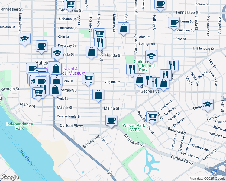 map of restaurants, bars, coffee shops, grocery stores, and more near 1000 Georgia Street in Vallejo