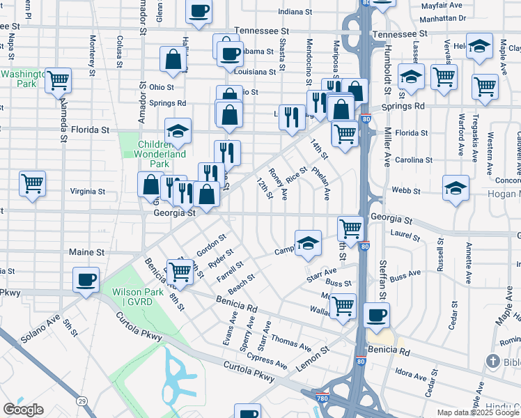 map of restaurants, bars, coffee shops, grocery stores, and more near 219 Gleason Avenue in Vallejo