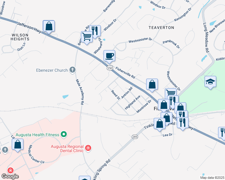 map of restaurants, bars, coffee shops, grocery stores, and more near 36 Reed Street in Fishersville