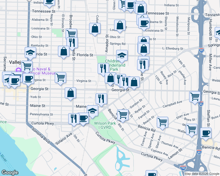 map of restaurants, bars, coffee shops, grocery stores, and more near 22 Glenn Street in Vallejo