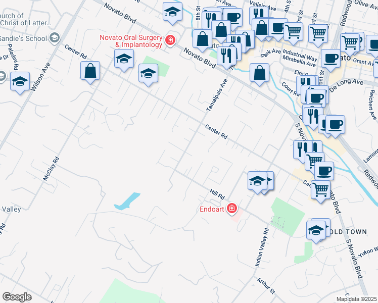 map of restaurants, bars, coffee shops, grocery stores, and more near 714 Tamalpais Avenue in Novato