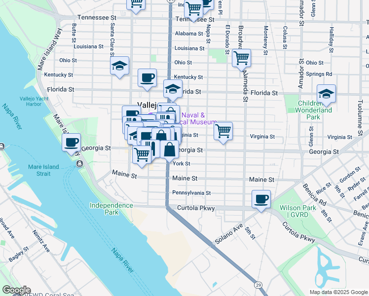 map of restaurants, bars, coffee shops, grocery stores, and more near 546 Georgia Street in Vallejo