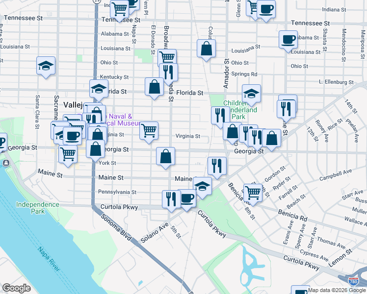 map of restaurants, bars, coffee shops, grocery stores, and more near 427 Monterey Street in Vallejo