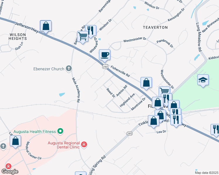 map of restaurants, bars, coffee shops, grocery stores, and more near 20 Annie's Lane in Fishersville