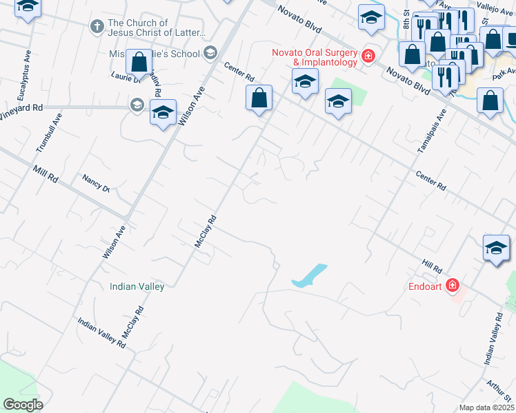 map of restaurants, bars, coffee shops, grocery stores, and more near 40 Miwok Drive in Novato