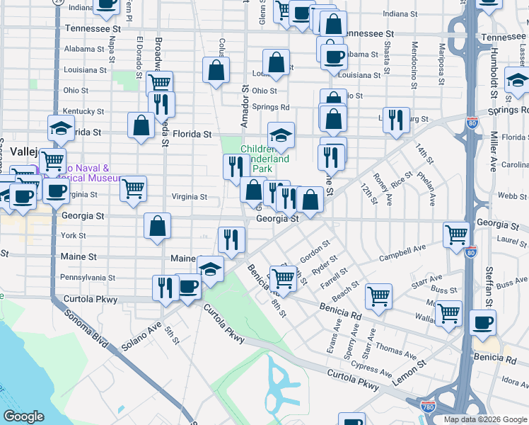 map of restaurants, bars, coffee shops, grocery stores, and more near 22 Glenn Street in Vallejo