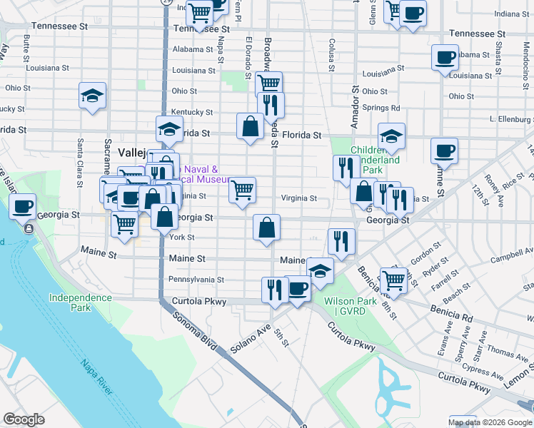 map of restaurants, bars, coffee shops, grocery stores, and more near in Vallejo