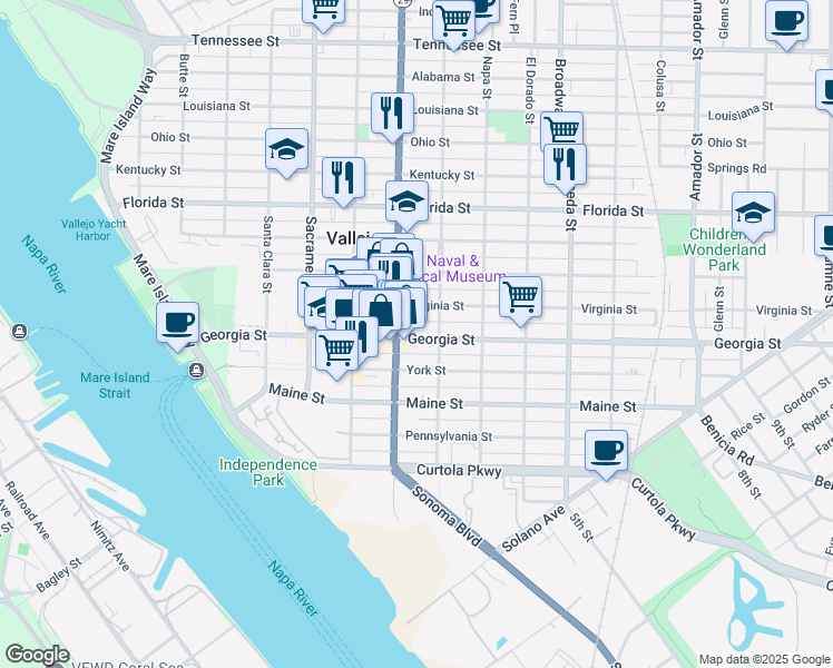 map of restaurants, bars, coffee shops, grocery stores, and more near 510 Georgia Street in Vallejo