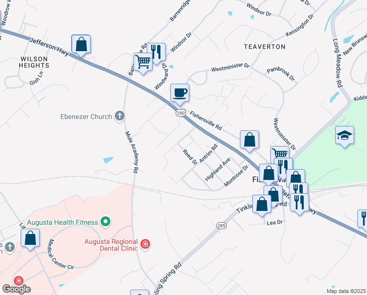 map of restaurants, bars, coffee shops, grocery stores, and more near 32 Reed Street in Fishersville
