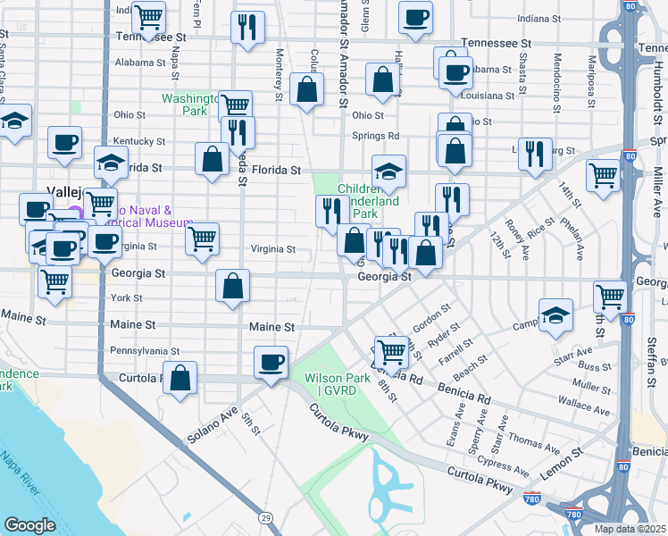 map of restaurants, bars, coffee shops, grocery stores, and more near 1136 Georgia Street in Vallejo