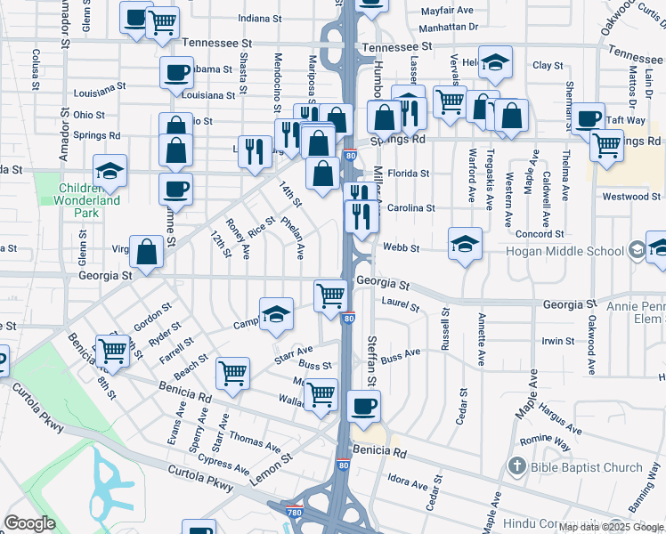 map of restaurants, bars, coffee shops, grocery stores, and more near 205 Curry Avenue in Vallejo