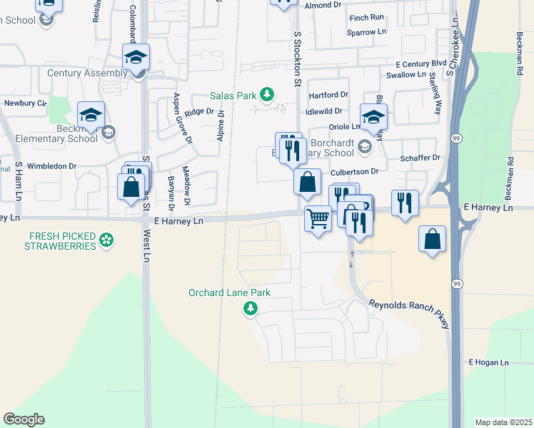 map of restaurants, bars, coffee shops, grocery stores, and more near 120 E Harney Ln in Lodi